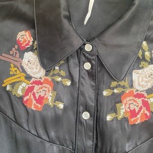 Free People Black Silk Western Style Embroidered Blouse